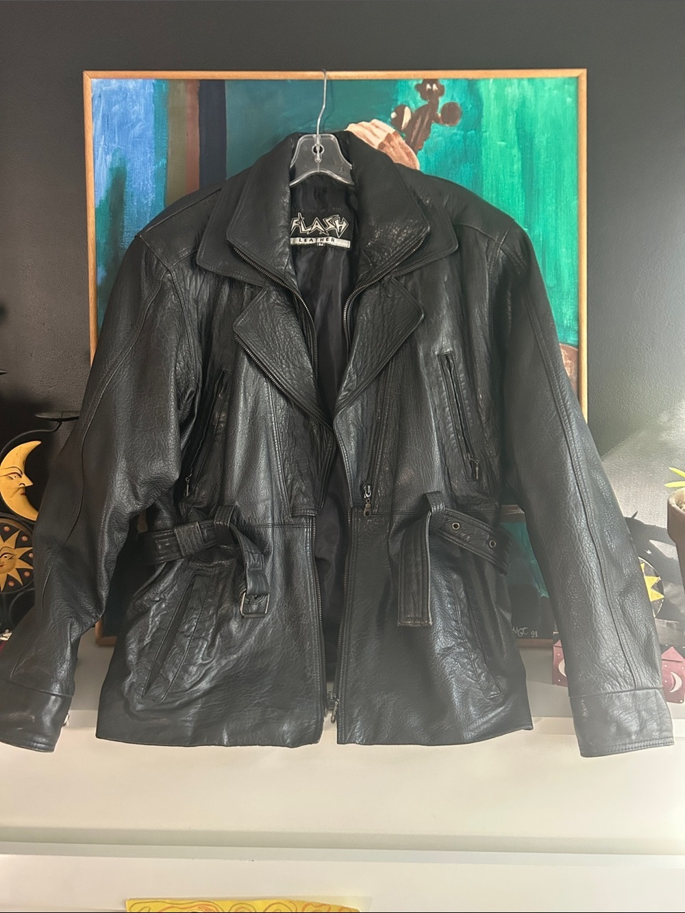 Vintage Black Leather Belted Motorcycle Jacket Medium